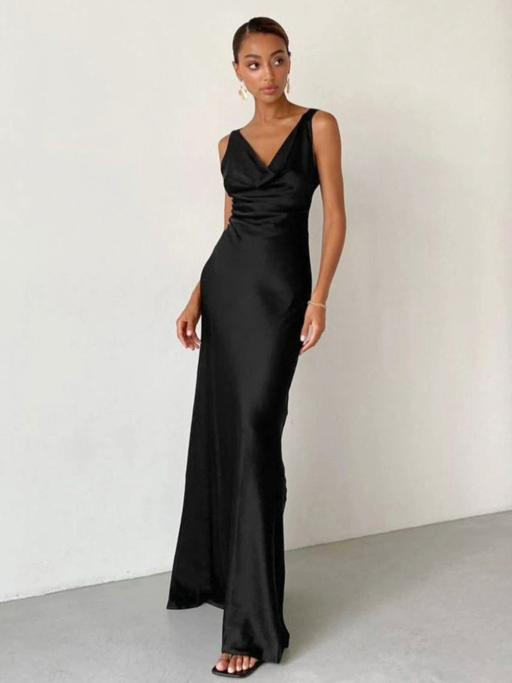 Forever 21 Black Satin Cowl Neck Bodycon Maxi Dress with High Waist Spaghetti